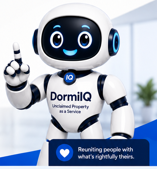 The DormiIQ mascot, a friendly white and navy AI robot wearing an IQ badge